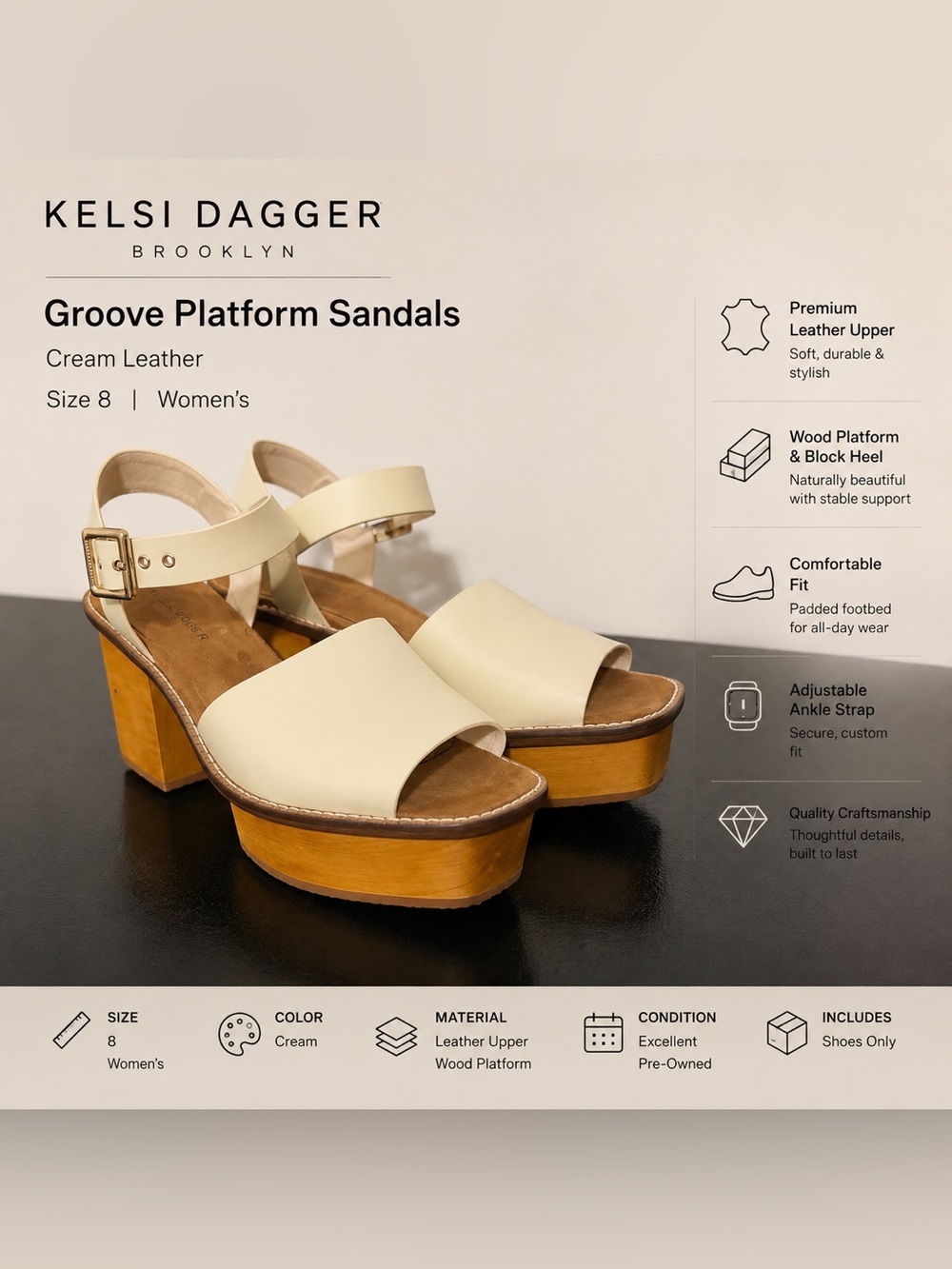 Kelsi Dagger Brooklyn Groove Platform Sandals Ivory Leather Women’s Size 8